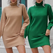 Elegant Solid Color Turtleneck Long Sleeve Knitted Dress