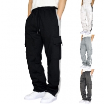 Street Fashion Contrast Color Side Patch Pockets Straight-cut Drawstring Pants for Men