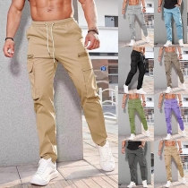 Street Fashion Solid Color Zipper Patch Pockets Drawstring Elastic Waist Cargo Pants for Men