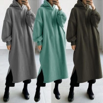 Street Fashion Solid Color Long Sleeve Drawstring Hooded Slit Longline Sweatshirt