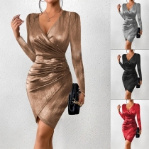 Fashion Bright Color V-neck Long Sleeve Irregular Hemline Bodycon Dress