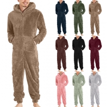 Fashion Solid Color Front Zipper Pockets Hooded Warm Plush Pajamas Jumpsuit for Men