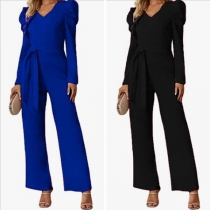 Fashion Solid Color V-neck Long Sleeve Self-tie Jumpsuit