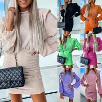 Fashion Solid Color Mock Neck Puff Long Sleeve Ruched Bodycon Dress