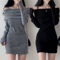 Sexy  Long Sleeve Off-the-shoulder Cami Ribbed Dress