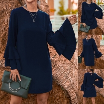 Fashion Solid Color Round Neck Ruffle Long Sleeve Mini Dress