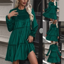 Fashion Solid Color Ruffle Round Neck Long Sleeve Velvet Tiered Dress