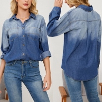 Fashion Old-washed Gradient Color Stand Collar Long Sleeve Denim Shirt