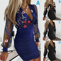 Sexy Floral Printed V-neck Ruch Bodycon Dress