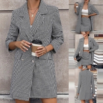 Elegant Plaid Suit Set Consist of Double Breasted Blazer and Skirt