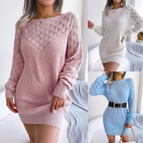 Fashion Hollout Straight-cut Neckline Long Sleeve Knitted Sweater Dress