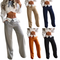 Street Fashion Contrast Color Spliced High-waist Straight-cut Pants