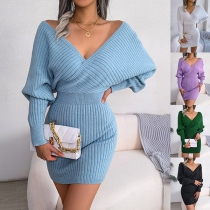 Sexy V-neck Batwing Sleeve Cinch Waist Knitted Bodycon Sweater Dress