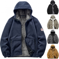 Fashion Solid Color Long Sleeve Hooded Plush Lined Warm Sweatshirt Jacket for Men