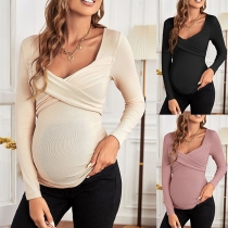 Fashion Solid Color Cross-criss V-neck Long Sleeve Ribbed Maternity Shirt