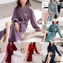 Fashion Solid Color Lapel Long Sleeve Self-tie Warm Coral Fleece Loungewear Robe/Pajamas Robe