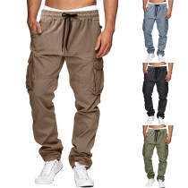 Fashion Side Patch Pockets Drawstring Elastic Pants for Men