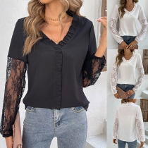 Fashion Ruffle V-neck Lace Spliced Long Sleeve Shirt