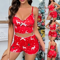 Sexy Christmas Tree Elk Printed  Two-piece Lingerie Set