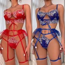 Sexy Floral Pattern Ruffle Lace-up Three-piece Lingerie Set