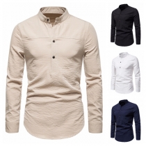 Fashion Solid Color Buttoned Mock Neck Long Sleeve Men's Shirt