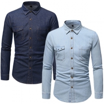Fashion Old-washed Stand Collar Long Sleeve Denim Blouse for Men