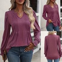 Fashion V-neck Long Sleeve Pleated Shirt