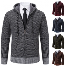 Fashion Contrast Color Long Sleeve Drawstring Hooded Plush Lined Knitted Cardigan for Men