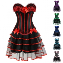 Vintage Lace Spliced Two-piece Set Consist of Strapless Croset Shirt and Tiered Tutu Skirt