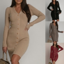 Fashion Solid Color V-neck Long Sleeve Front Button Ribbed Dress
