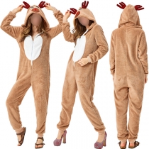 Fashion Contrast Color Front Zipper Elk Hood Pajamas Jumpsuit/Cosplay Costume