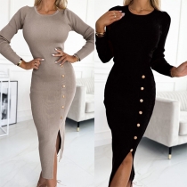 Fashion Solid Color Round Neck Long Sleeve Buttoned Slit Ribbed Bodycon Dress