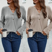 Fashion Buttoned V-neck Long Seeve Knit Texture Shirt