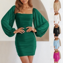 Elegant Solid Color Square Neck Long Sleeve Ruched Bodycon Dress