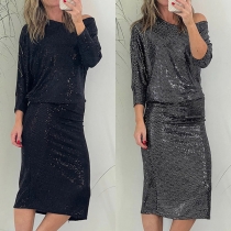 Fashion Bling-bling Sequin Round Neck Long Sleeve Dress