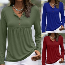 Casual Solid Color Buttoned V-neck Long Sleeve Shirt