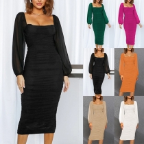 Elegant Solid Color Square Neck Long Sleeve Bodycon Dress