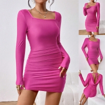 Sexy Solid Color Square Neck Long Sleeve Draped Backless Ruched Bodycon Dress
