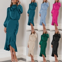 Elegant Solid Color Draped Neck Long Sleeve Ruffled Irregular Hemline Satin Dress