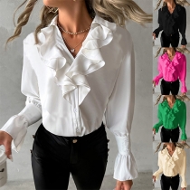 Fashion Solid Color Ruffled V-neck Long Sleeve Blouse