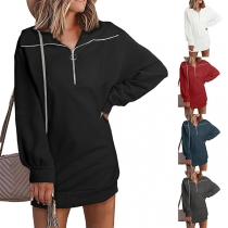 Casual Solid Color Half-zipper Lapel Long Sleeve Sweatshirt Dress