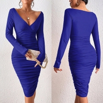Fashion Solid Color V-neck Long Sleeve Ruched Bodycon Dress