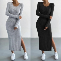 Fashion Solid Color Round Neck Long Sleeve Slit Ribbed Dress