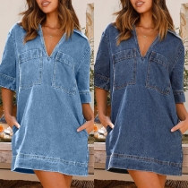 Casual Old-washed V-neck Patch Pockets Loose Mini Denim Dress