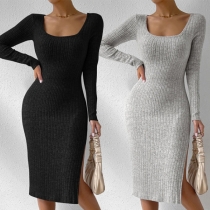 Fashion Solid Color Square Neck Long Sleeve Slit Ribbed Dress