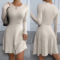 Fashion Solid Color Round Neck Long Sleeve A-line Ribbed Dress