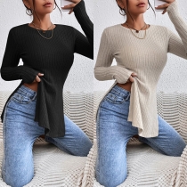 Fashion Round Neck Long Sleeve Slit Shirt