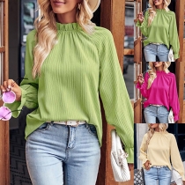 Fashion Solid Color Ruffled Mock Neck Long Sleeve Shirt