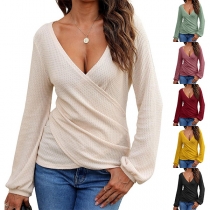 Fashion Solid Color V-neck Long Sleeve Shirt