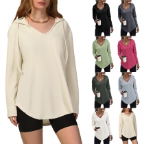 Fashion Solid Color Drawstring Hooded Shirt